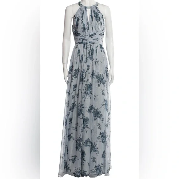 Marchesa Notte • Blue & Silver Floral Maxi Dress with open back • size 6 - Picture 1 of 16
